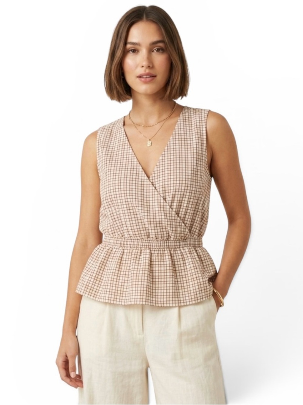 NWT Treasure & Bond Peplum Wrap Sleeveless Top Ivory Rust Melody Size Medium